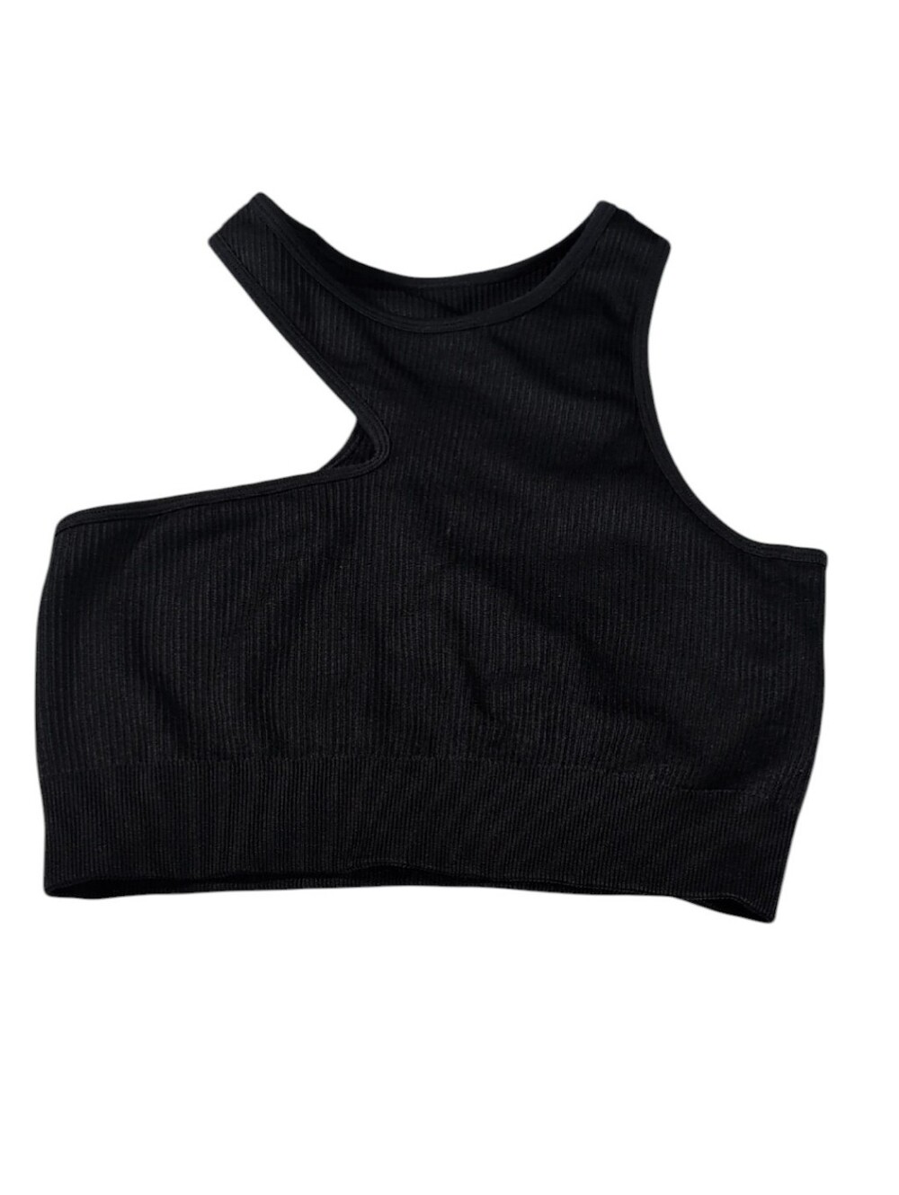 OQQ Asymmetrical Black Ribbed Crop Top Sports Bra Size Medium